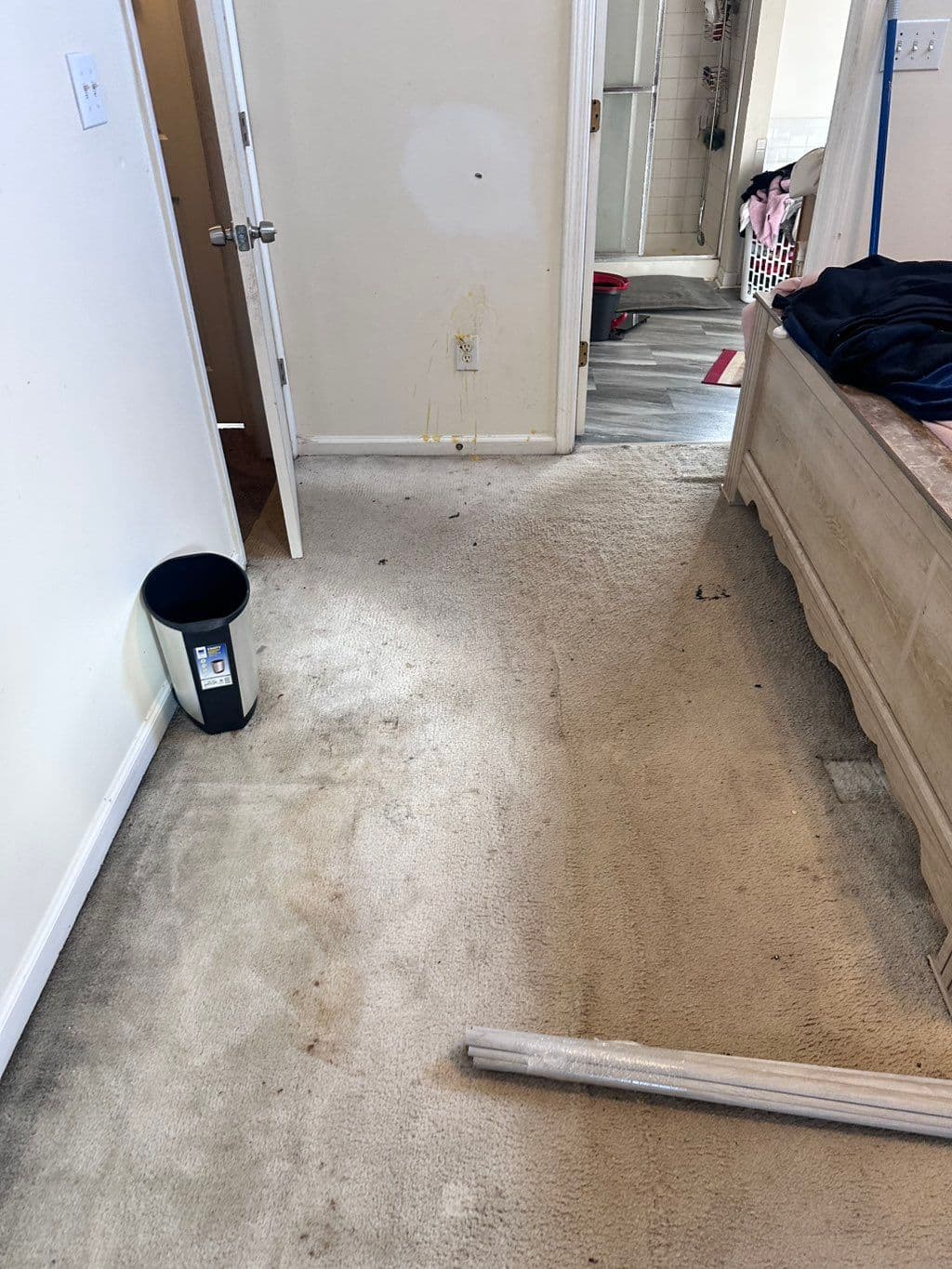 Heavily stained bedroom carpet before cleaning or removal