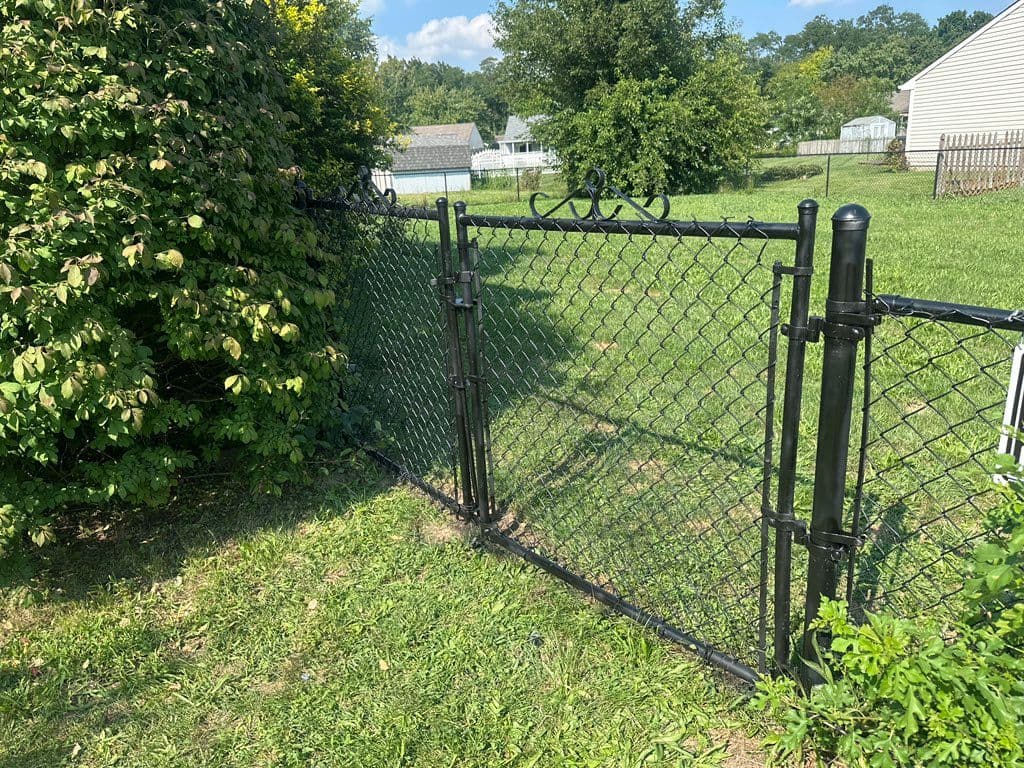 Black chain link fence with decorative scroll gate in grassy yard